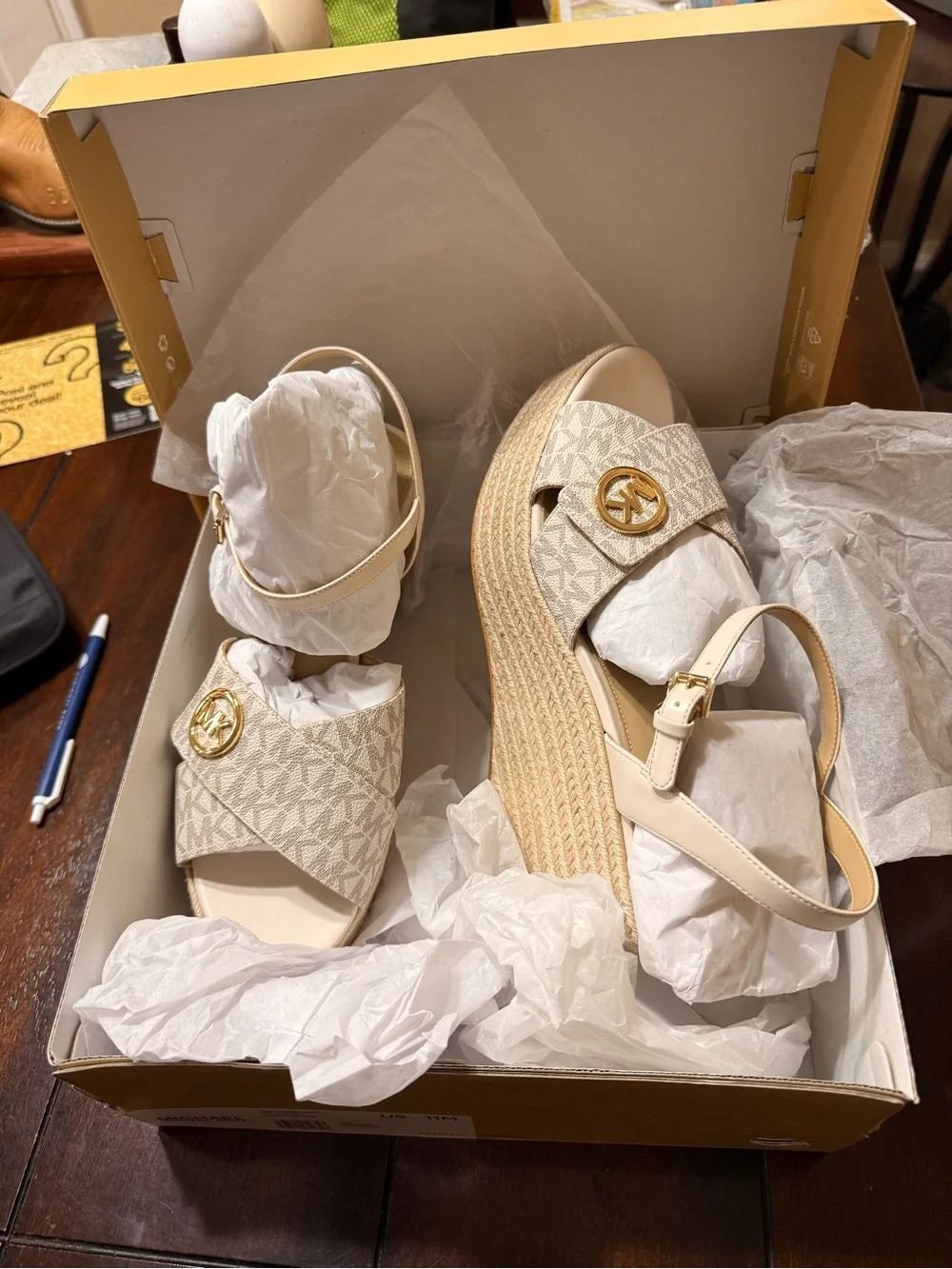NEW Michael Kors White/Beige Hannah Signature Logo Wedge Sandal
